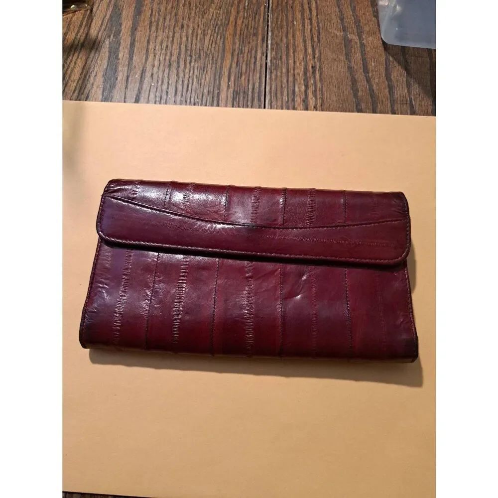 Vintage Eel Skin Wallet Reddish Burgundy Checkbook ID Zip Snap Closure 7x4